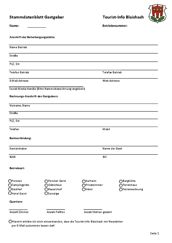 Stammdatenblatt Gastgeber