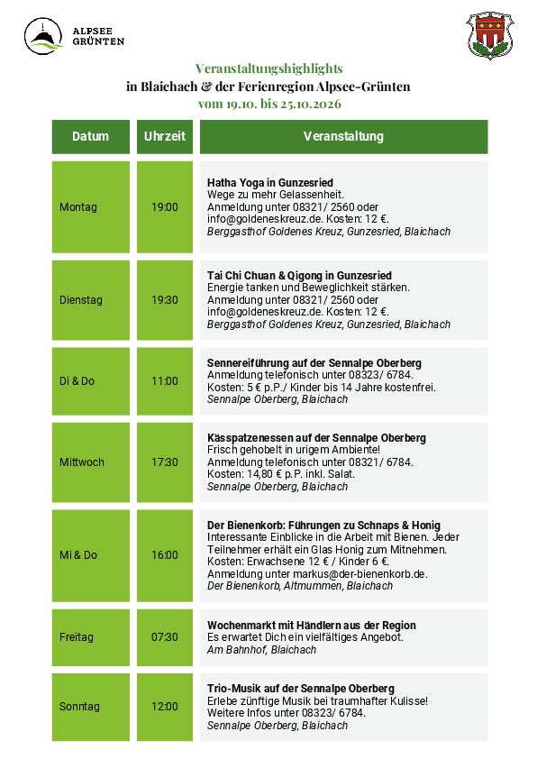 Veranstaltungshighlights KW 43 (19.10. bis 25.10.2026)